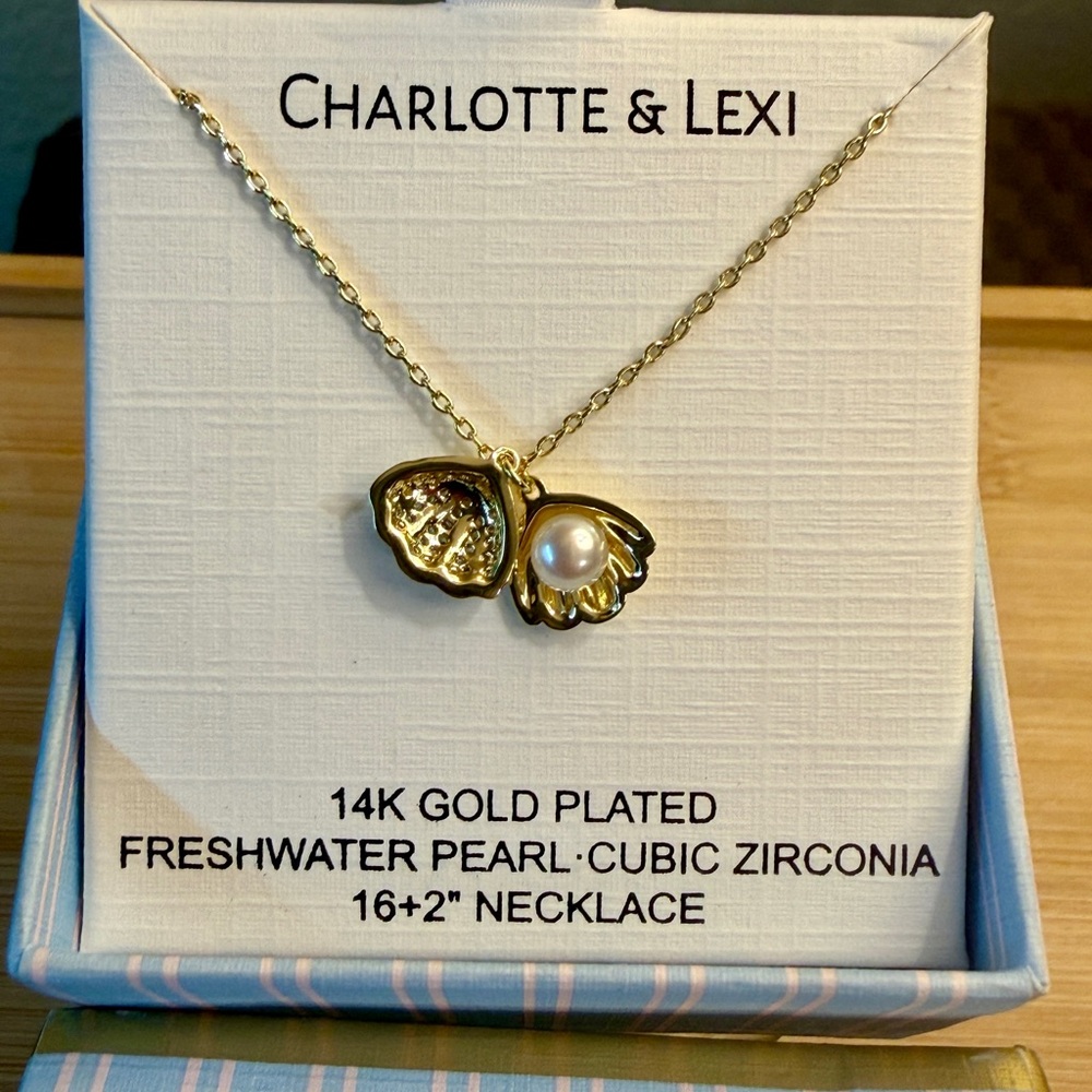 14K gold plated seashell necklace W/ a freshwater pearl and cubic zirconiastones